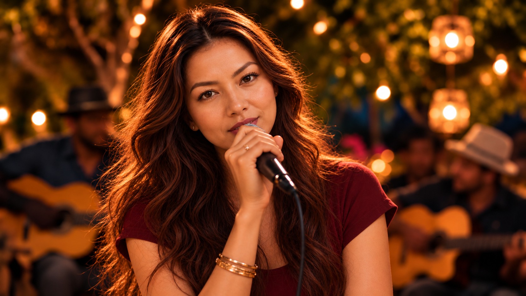 Juliana Sawada singing in warm lantern light